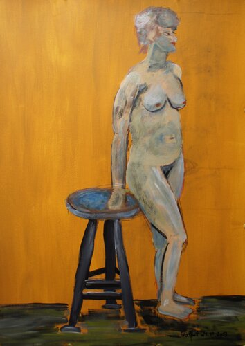 STEHENDER AKT VOR DEM STUHL von Friedhelm Wolfrat, Malerei kaufen auf Singulart