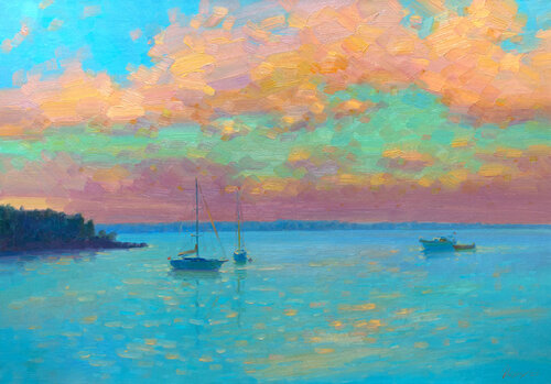 Golden sunrise di Dmitry Oleyn, Pittura in vendita su Singulart