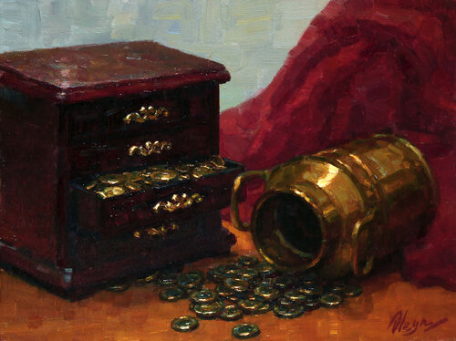 Still life with coins by Dmitry Oleyn, 油畫 for Sale on Singulart
