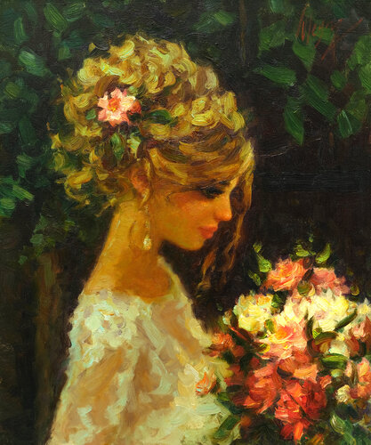 Girl and flowers de Dmitry Oleyn, Pintura a la venta en Singulart