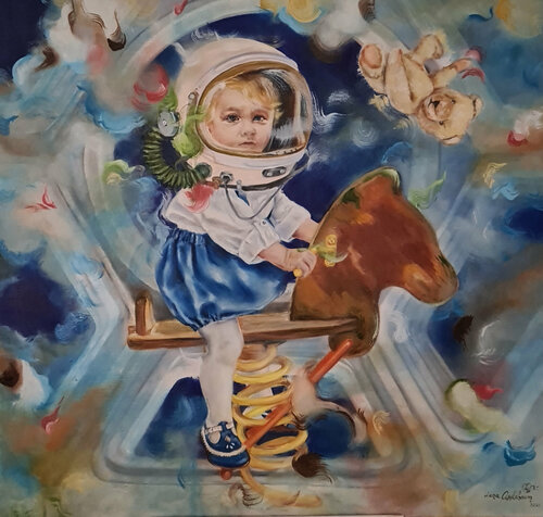 Spacebaby riding, 2 van Lena Applebaum, Schilderij te koop op Singulart