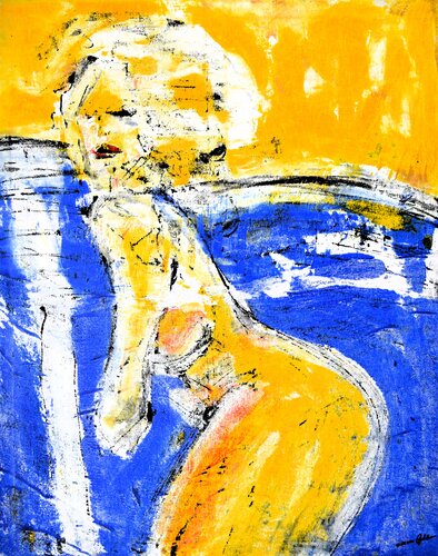 Akt Frau in Gelb Blau van Udo von Gelden, Schilderij te koop op Singulart