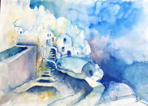 ia  - santorini par Gerlinde Kosina, Œuvre sur papier en vente sur Singulart