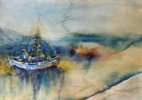 amoudi - fischerhafen in oia - santorini di Gerlinde Kosina, Opera su carta in vendita su Singulart