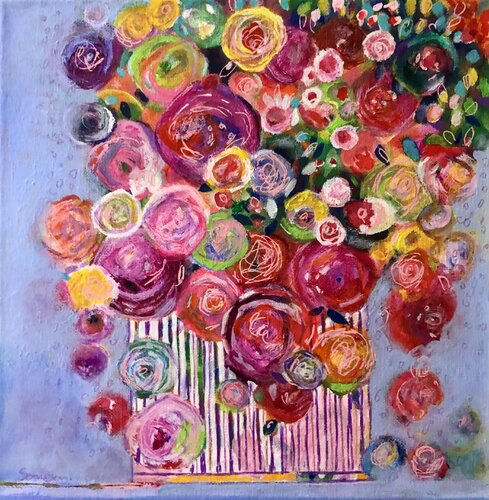 Blumen in schwarz-weißem Topf di Anne Samson, Pittura in vendita su Singulart