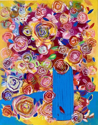 Roses in  a blue vase de Anne Samson, Pintura a la venta en Singulart