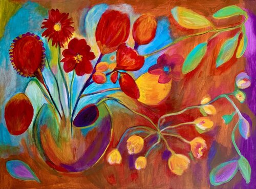 Red and yellow flowers de Anne Samson, Pintura a la venta en Singulart