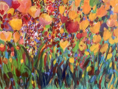Golden field of yellow flowers de Anne Samson, Pintura a la venta en Singulart