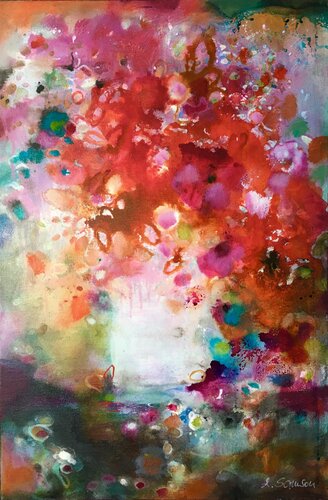 Rote Blumen mit Vögeln van Anne Samson, Schilderij te koop op Singulart