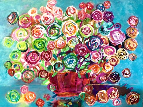 Rosen in roter Schale di Anne Samson, Pittura in vendita su Singulart
