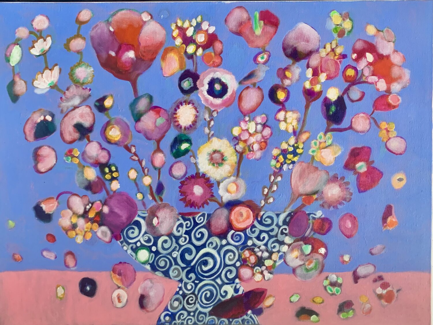 Flowers in a white and blue vase Anne Samson