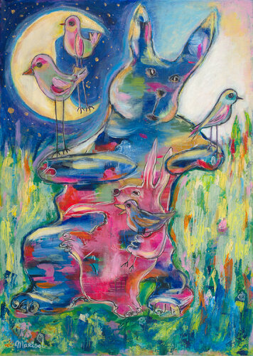 Rabbits and birds van Marisol Evora, Schilderij te koop op Singulart