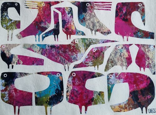 RASPBERRY BIRDS von Gabriele Bruns, Malerei kaufen auf Singulart