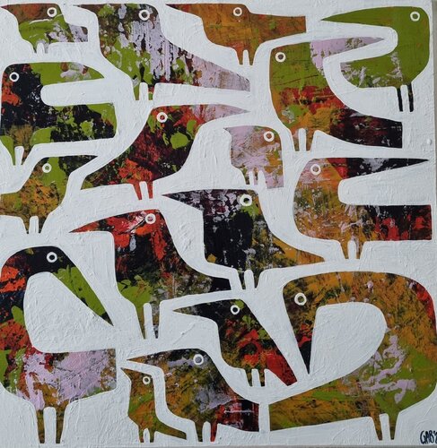 17 BIRDS ON WOOD von Gabriele Bruns, Malerei kaufen auf Singulart