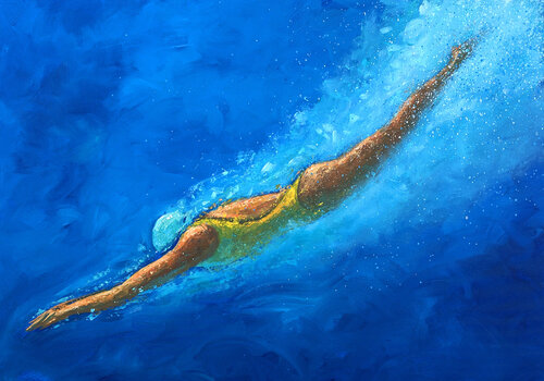 SWIMMING GIRL IN A YELLOW SWIMSUIT di Alessandro Piras, Pittura in vendita su Singulart