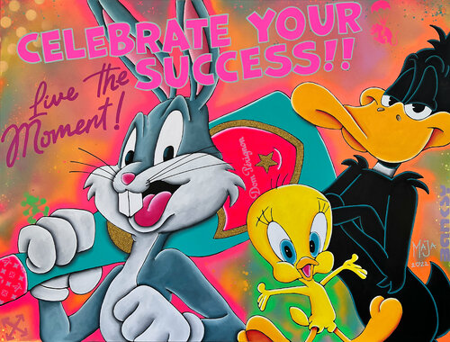 Celebrate your success! mit Bugs Bunny, Duffy Duck & Tweety van Mario MAJA Stroitz, Schilderij te koop op Singulart