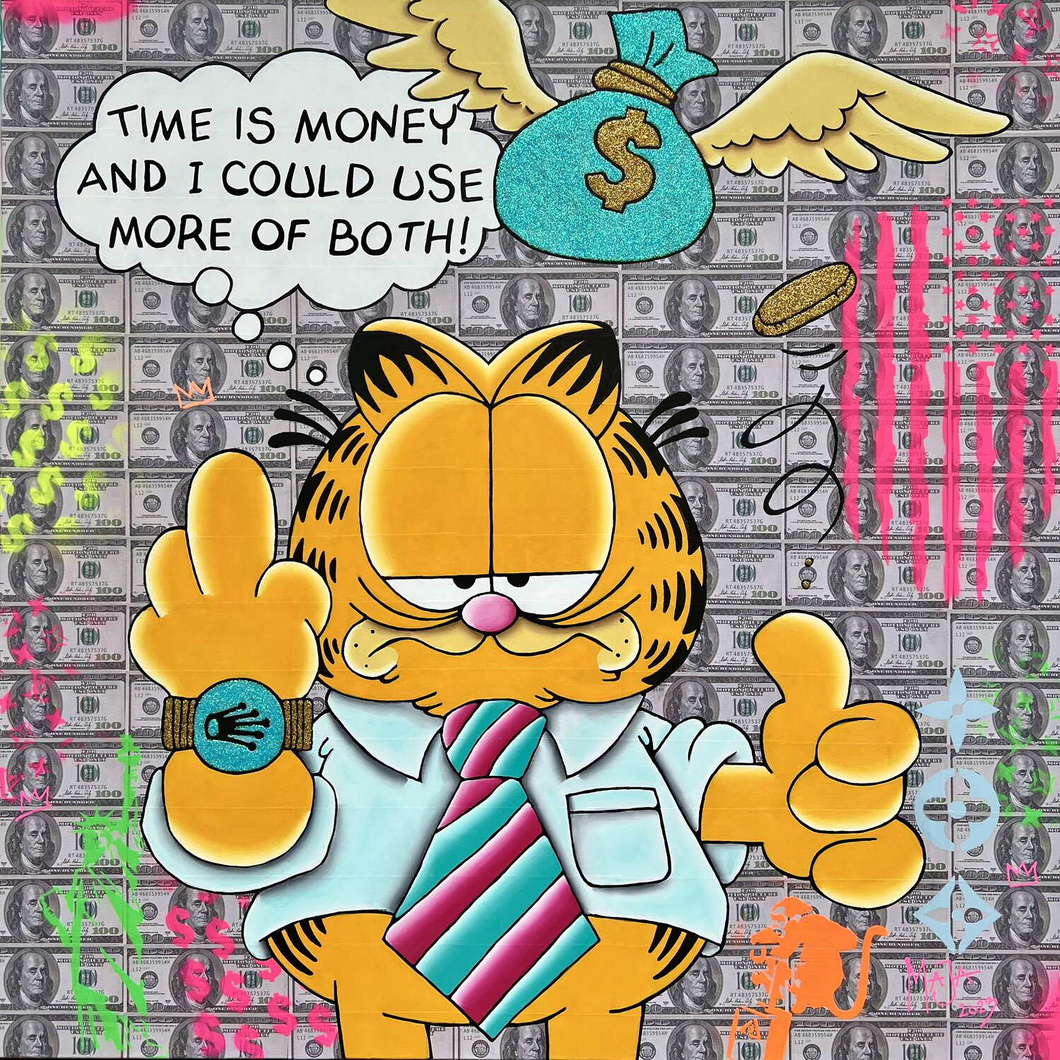 Time is Money with Garfield & a lot of !00 notes de Mario MAJA