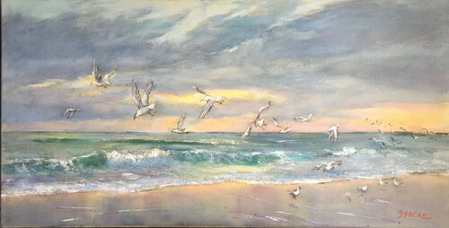 La plage aux mouettes by PASCAL DABERE, Painting for Sale on Singulart