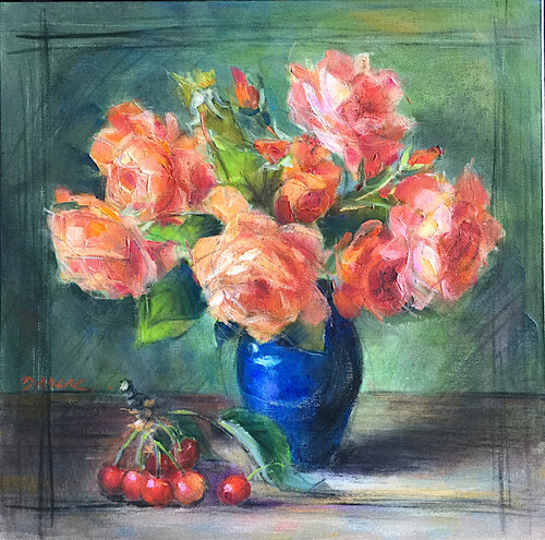LES ROSES DU JARDIN AU VASE BLEU di PASCAL DABERE, Pittura in vendita su Singulart