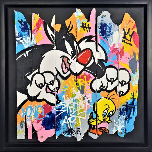 Titi & Grosminet in the Wood Planks by Nacks, Painting for Sale on Singulart