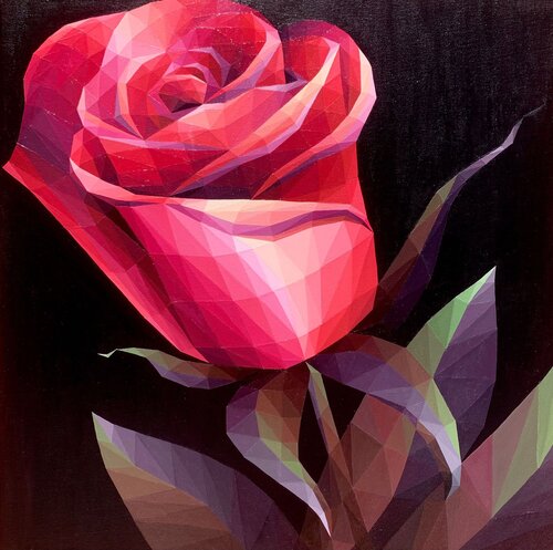 SCARLET CRYSTAL ROSE ON BLACK BACKGROUND van Tuzhilkina Maria, Schilderij te koop op Singulart