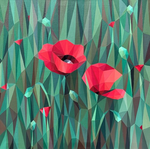 TWO RED POPPIES IN THE GREEN GRASS van Tuzhilkina Maria, Schilderij te koop op Singulart