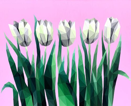 WHITE TULIPS ON A PINK BACKGROUND van Tuzhilkina Maria, Schilderij te koop op Singulart