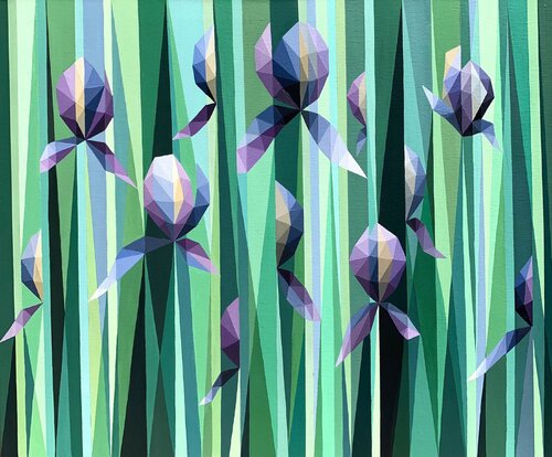 GREEN FIELD OF LILAC IRISES van Tuzhilkina Maria, Schilderij te koop op Singulart