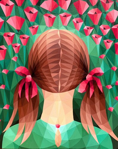 GIRL WITH RED BOWS ON A POPPY FIELD van Tuzhilkina Maria, Schilderij te koop op Singulart