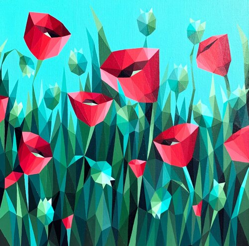 SCARLET POPPIES ON A TURQUOISE BACKGROUND di Tuzhilkina Maria, Pittura in vendita su Singulart