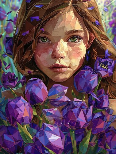 PORTRAIT OF A GIRL WITH PURPLE TULIPS by Tuzhilkina Maria, Digital for Sale on Singulart