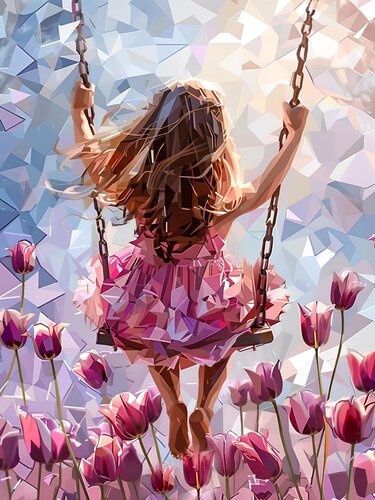 GIRL ON A SWING ON A PINK TULIP FIELD van Tuzhilkina Maria, Digitaal te koop op Singulart