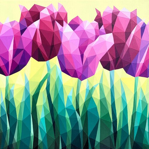 LILAC TULIPS ON YELLOW van Tuzhilkina Maria, Schilderij te koop op Singulart
