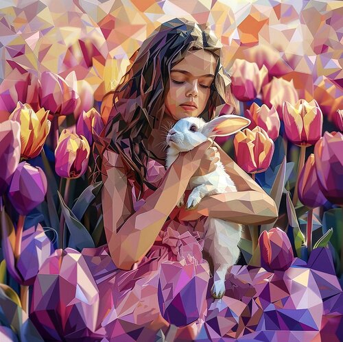 GIRL WITH RABBIT IN A TULIP FIELD von Tuzhilkina Maria, Digital kaufen auf Singulart