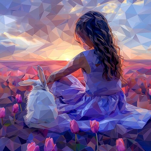 GIRL WITH RABBIT IN A FIELD OF PINK TULIPS AT SUNSET van Tuzhilkina Maria, Digitaal te koop op Singulart