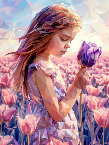 GIRL WITH A LILAC TULIP IN A FLOWER FIELD di Tuzhilkina Maria, Digitale in vendita su Singulart