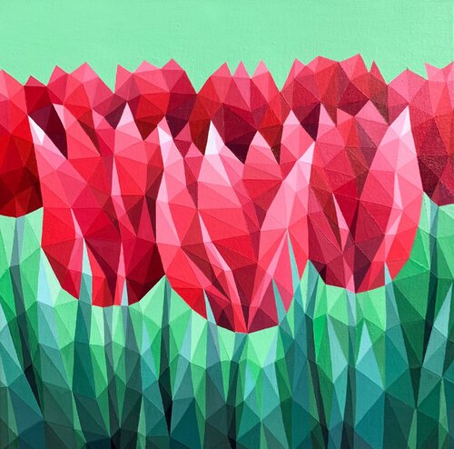 SCARLET CRYSTAL TULIPS ON GREEN Tuzhilkina Maria