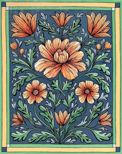 VINTAGE ORANGE FLOWERS ON A DARK BLUE di Tuzhilkina Maria, Pittura in vendita su Singulart