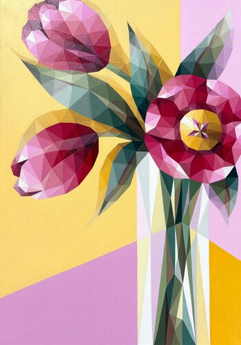BOUQUET OF PINK TULIPS IN A VASE ON YELLOW by Tuzhilkina Maria, Painting for Sale on Singulart