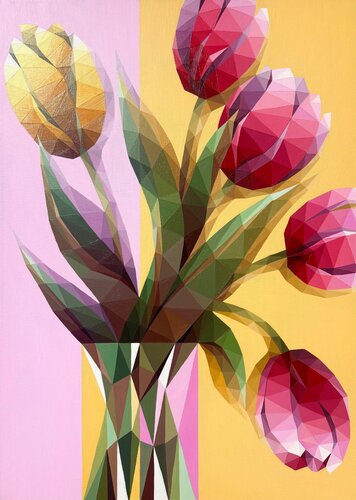 GEOMETRIC PINK AND YELLOW TULIPS van Tuzhilkina Maria, Schilderij te koop op Singulart