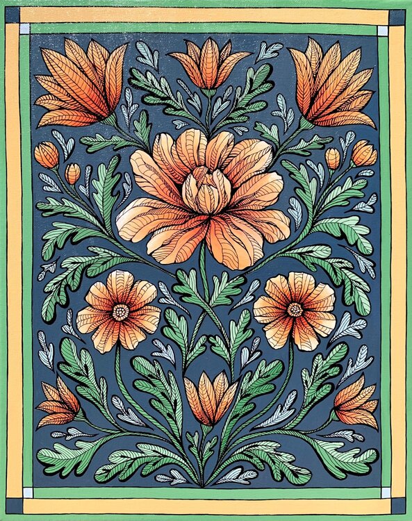 VINTAGE ORANGE FLOWERS ON A DARK BLUE Tuzhilkina Maria