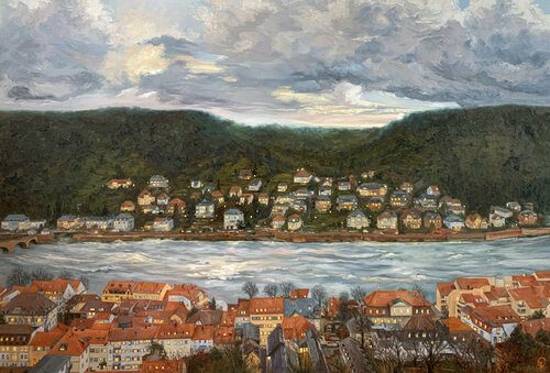 Etude-At Heidelberge castle at sunset right after misty rain by Geun Young Kim, Painting for Sale on Singulart