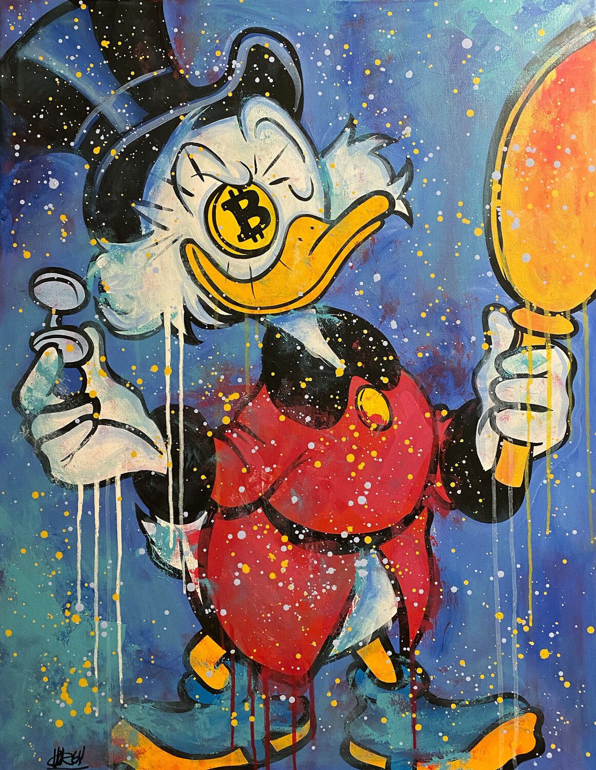«Eye for the Bitcoin» feat. Scrooge McDuck (Disney) CHORGY Originalgemälde zu verkaufen