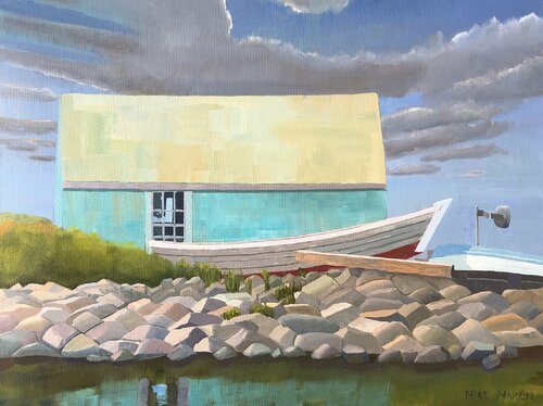 Goat Island Boathouse par Michael Maron, Peinture en vente sur Singulart