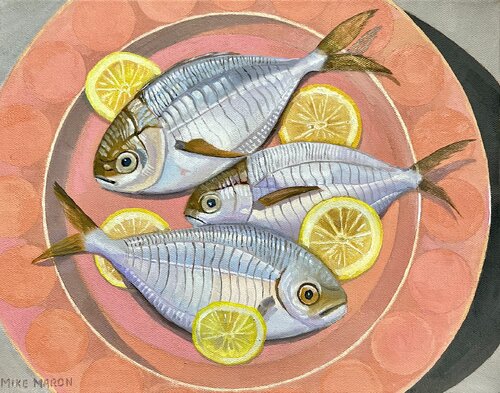 Butterfish on a Plate di Michael Maron, Pittura in vendita su Singulart
