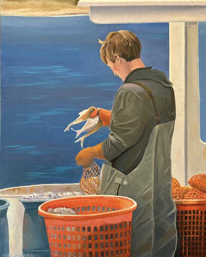 Loading Bait Bags on the Helen D III par Michael Maron, Peinture en vente sur Singulart