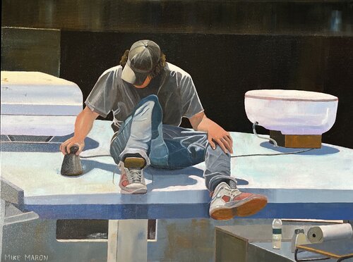 Sanding the Lobster Boat di Michael Maron, Pittura in vendita su Singulart
