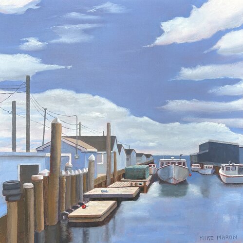 Blue Fish Houses on Widgery Wharf van Michael Maron, Schilderij te koop op Singulart