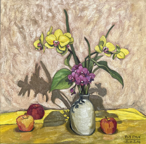 Still Life Of Phalaenopsis Orchids And Apples by Bui Trong Du, Painting for Sale on Singulart