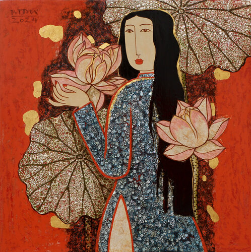 The Girl With Lotus Flowers van Bui Trong Du, Schilderij te koop op Singulart